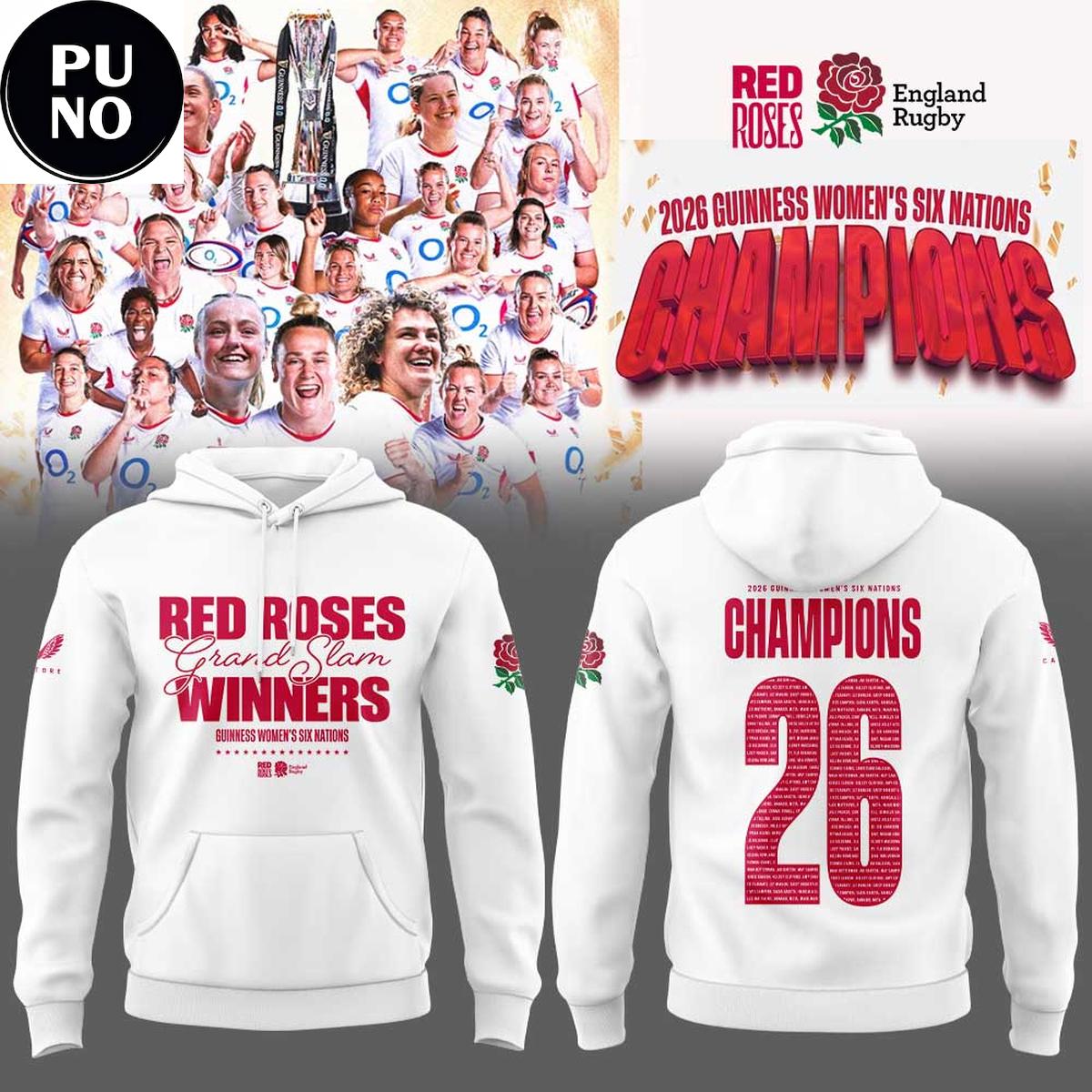 England Red Roses 2026 Guinness Women's Six Nations Champions Hoodie T-Shirt