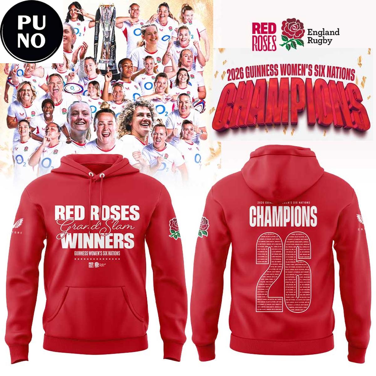 England Red Roses 2026 Guinness Women's Six Nations Champions Hoodie T-Shirt