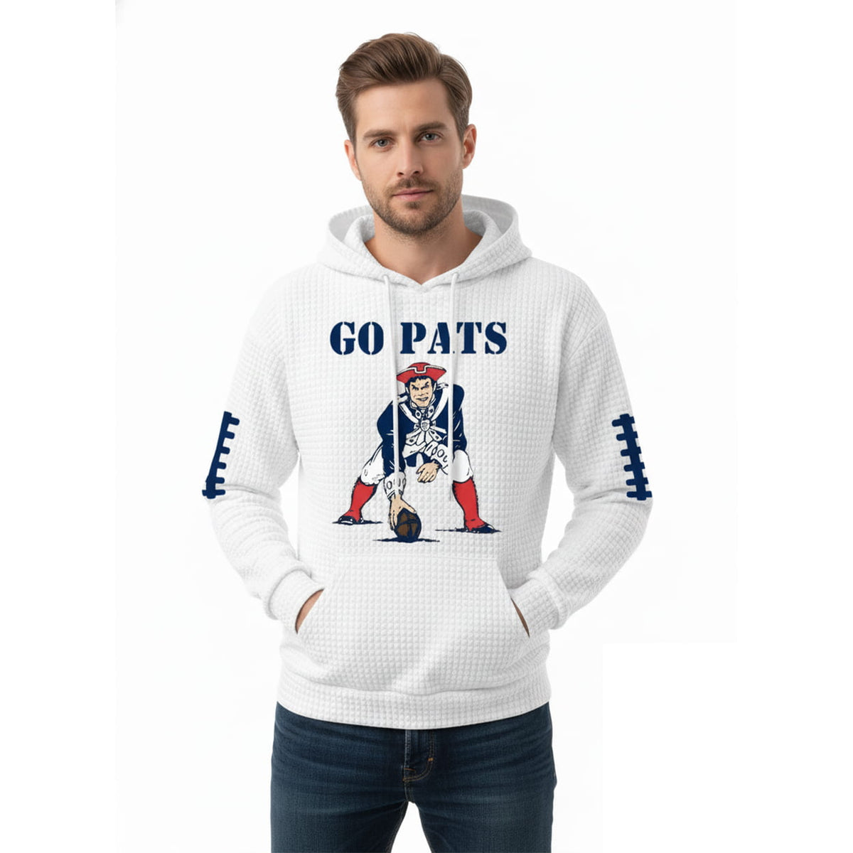 Go Pat Patriot Football Print Waffle Hoodie