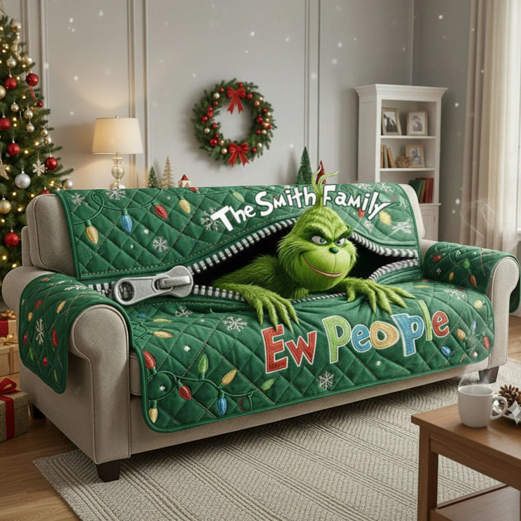 Grinch Ew People Personalized Stole Christmas Quilted Sofa