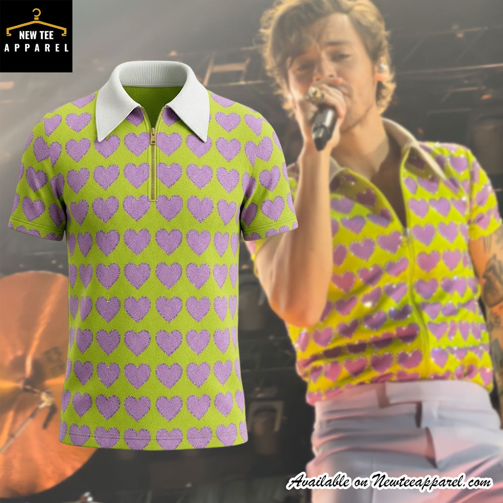 Harry Styles Inspired Heart Pattern Zip Polo Shirt