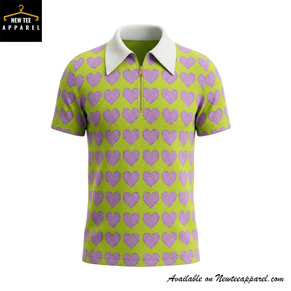 Harry Styles Inspired Heart Pattern Zip Polo Shirt