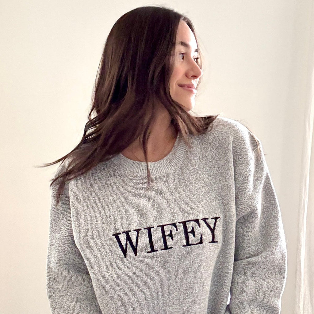Embroidered WIFEY Cozy Knit Pullover Crewneck Lane Sweatshirt