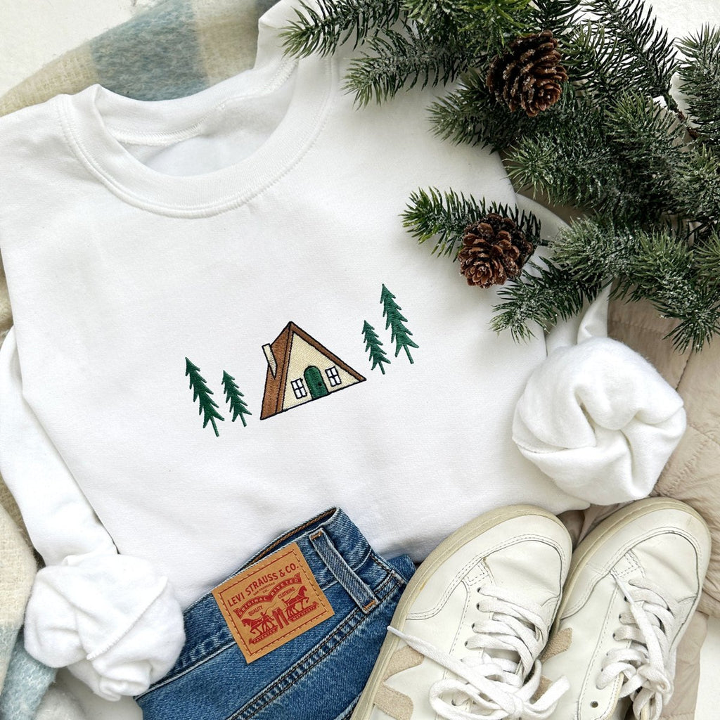 A-Frame Embroidered Winter Cabin Crewneck Sweatshirt