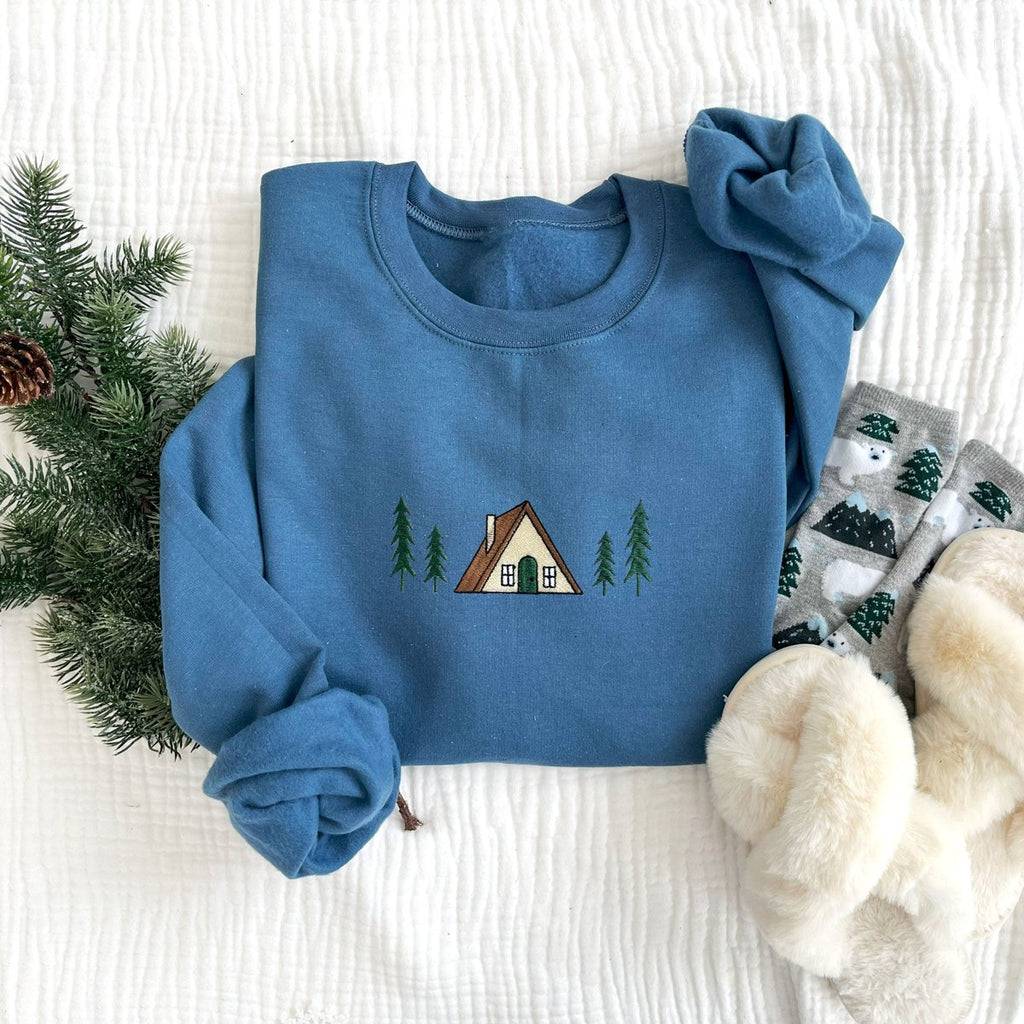 A-Frame Embroidered Winter Cabin Crewneck Sweatshirt
