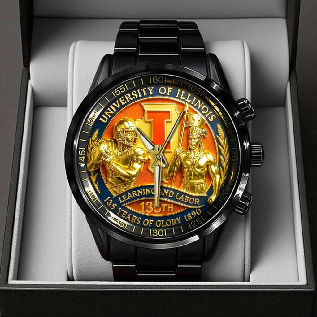 Illinois Fighting Illini Football Black Stainless Steel Watch - TANTN18000