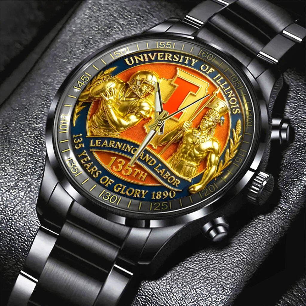 Illinois Fighting Illini Football Black Stainless Steel Watch - TANTN18000