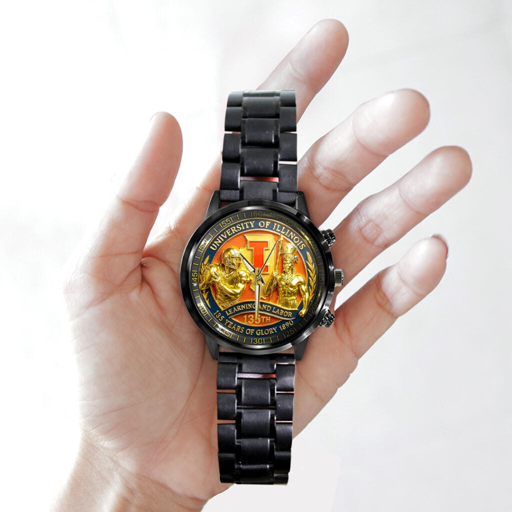 Illinois Fighting Illini Football Black Stainless Steel Watch - TANTN18000