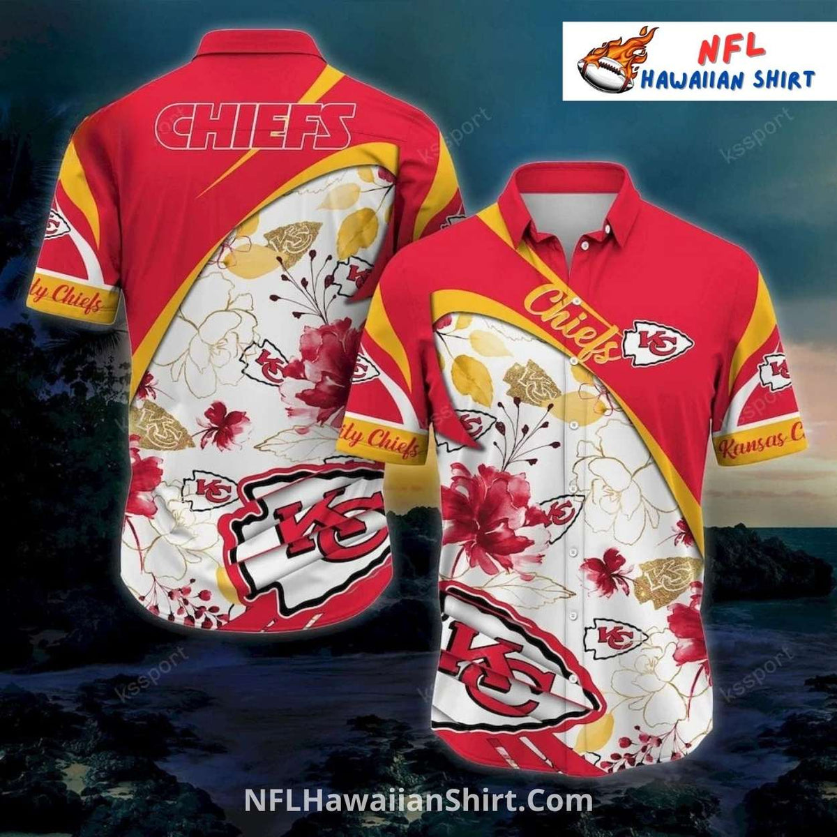 KC Chiefs Hawaiian Shirt Floral Gold And Red Pattern