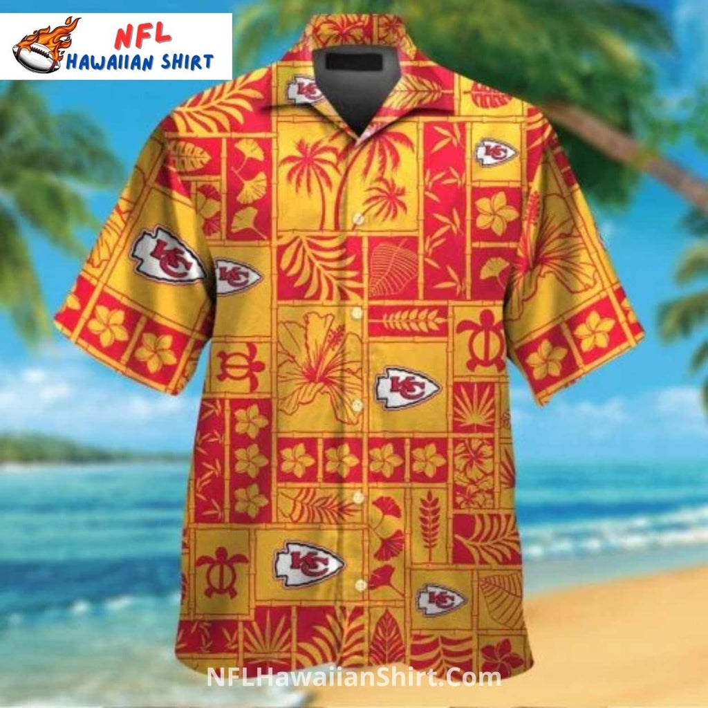 KC Chiefs Hawaiian Shirt Gold And Red Tribal Patchwork Design