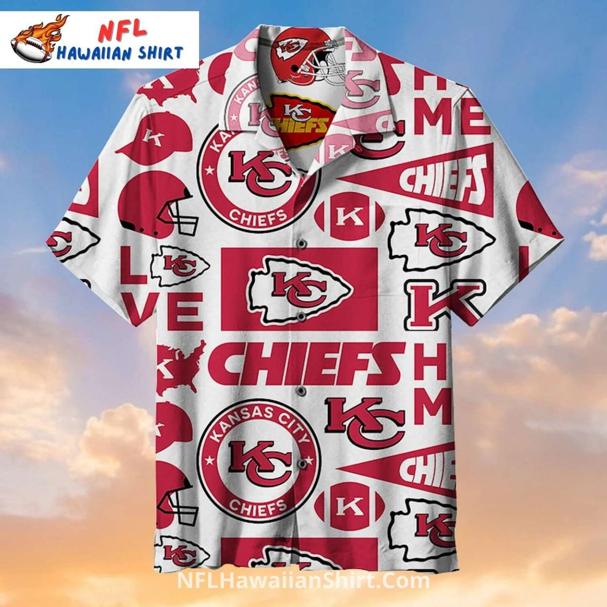 KC Chiefs Hawaiian Shirt White Background Logo Collage