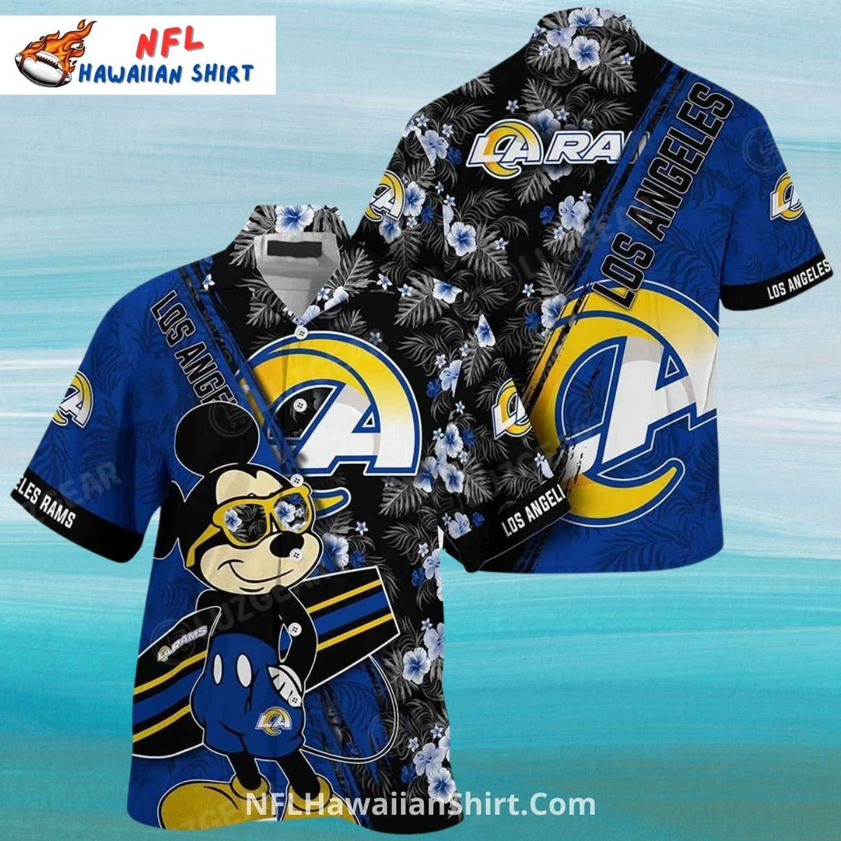 LA Rams Mickey Mouse Black Floral NFL Aloha Hawaiian Shirt