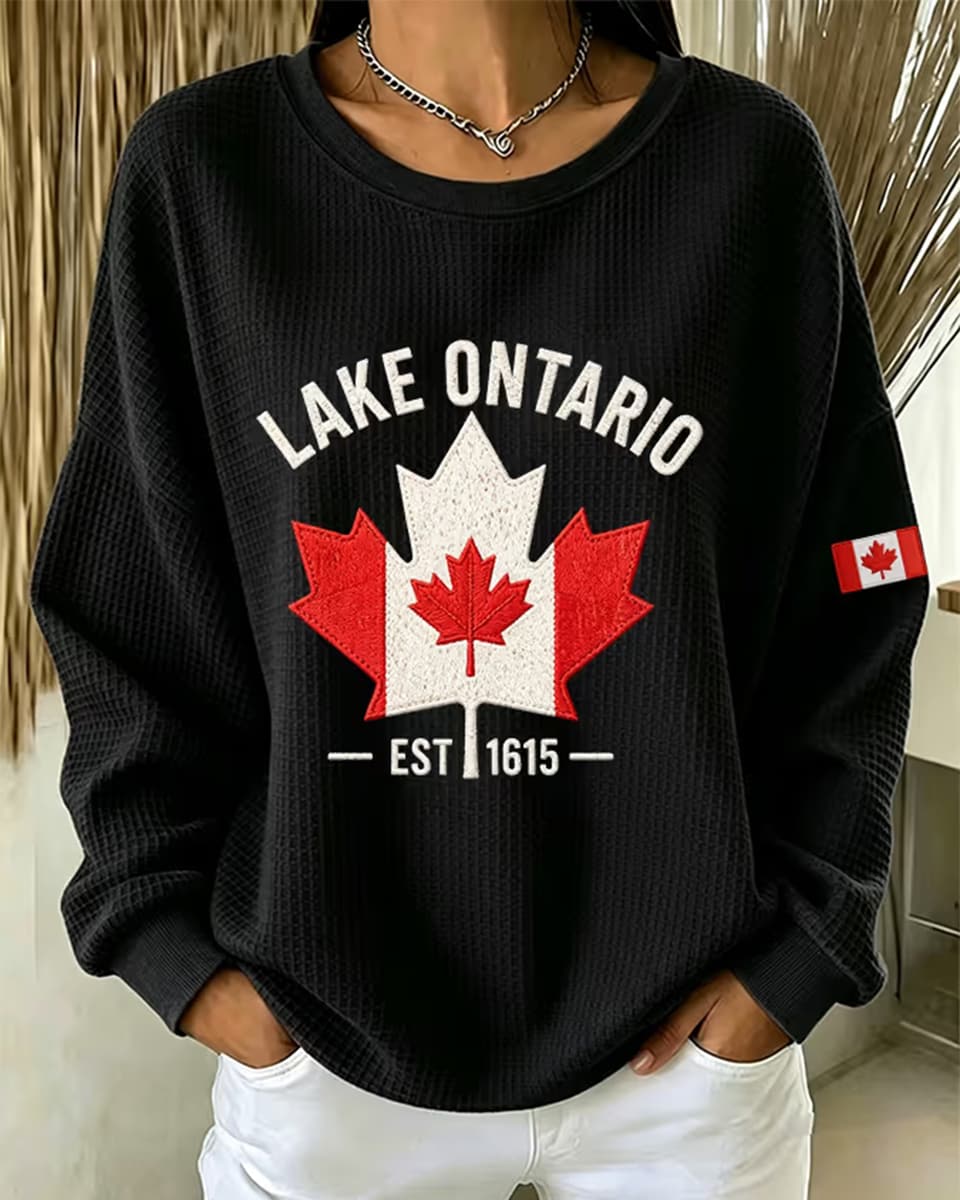 Lake Ontario Canada Maple Leaf Est 1615 Waffle Long Sleeve Top