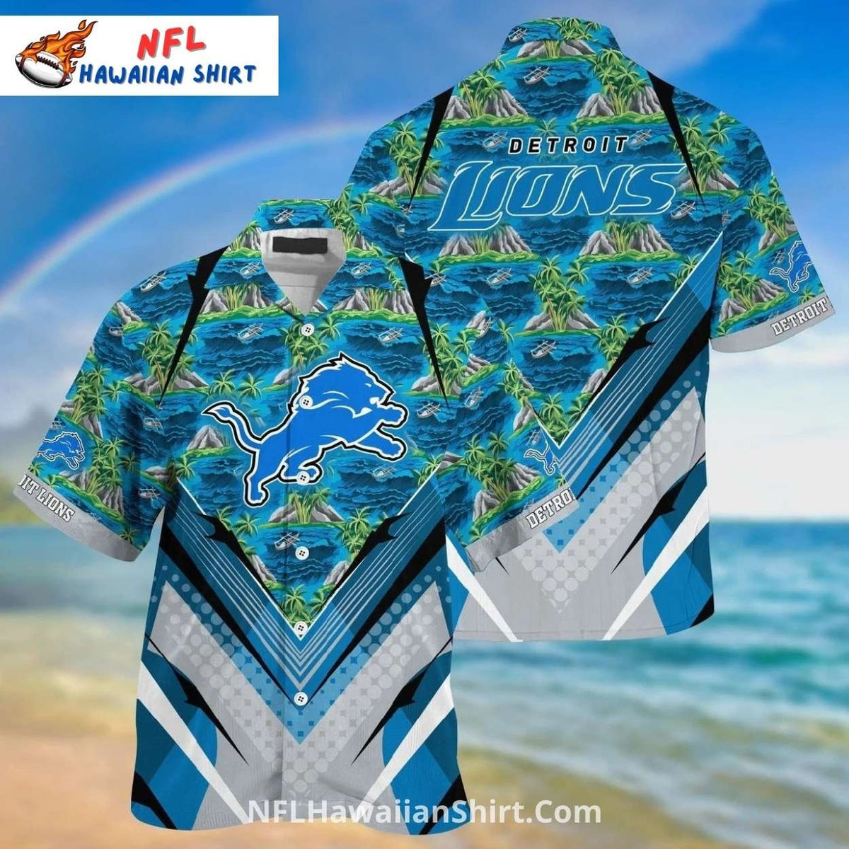Lions Hawaiian Shirt Ocean Island Palm Tree Beach Theme