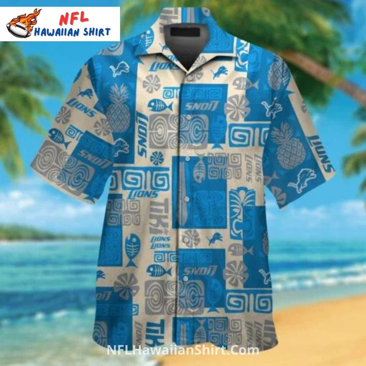 Lions Hawaiian Shirt Tribal Pattern Blue And Gray Design