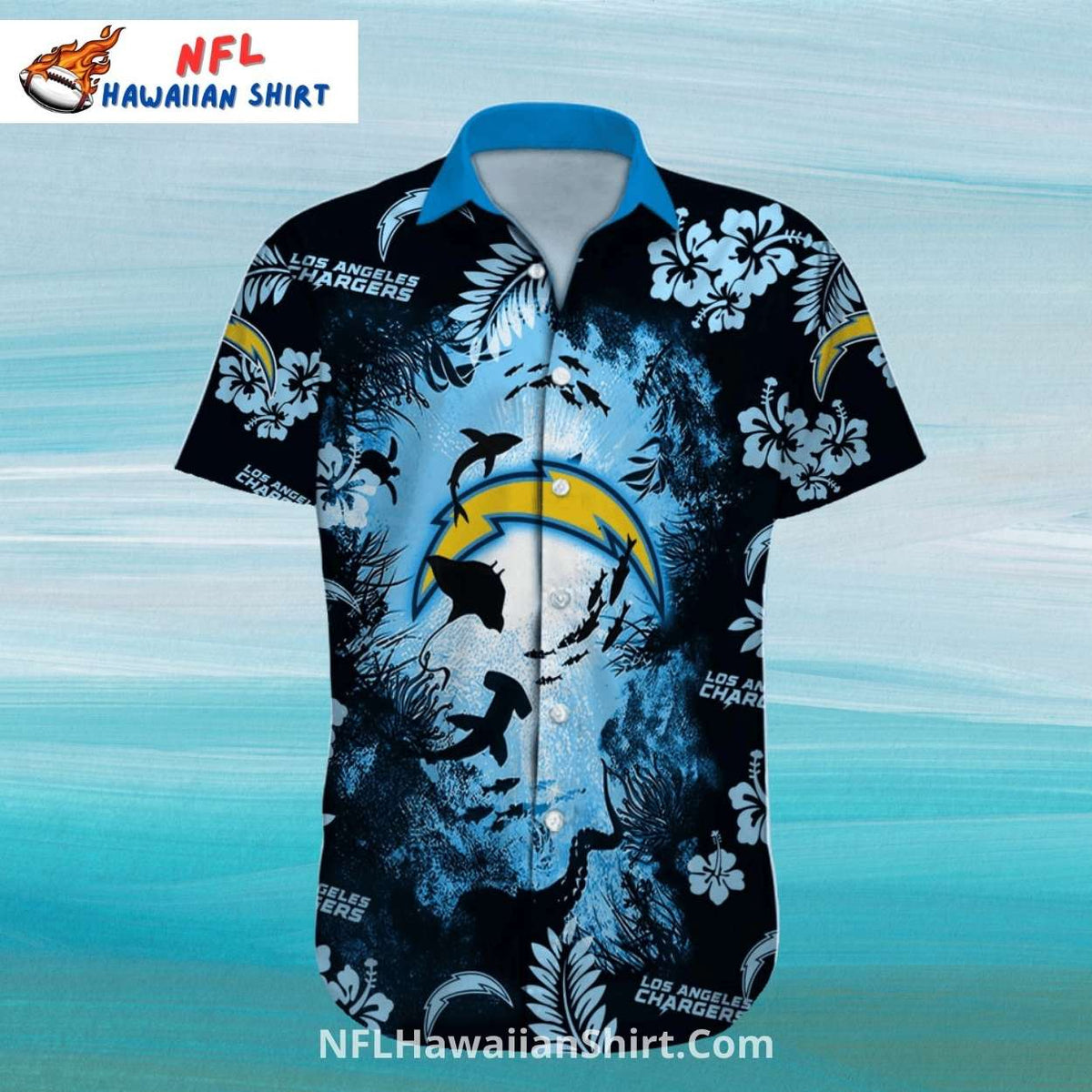Los Angeles Chargers Black Ocean Shark Pattern Aloha Shirt