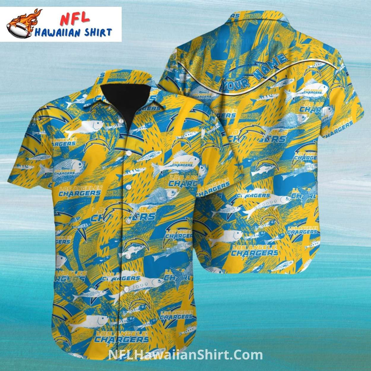 Los Angeles Chargers Yellow And Blue Fishing Pattern Aloha Shirt