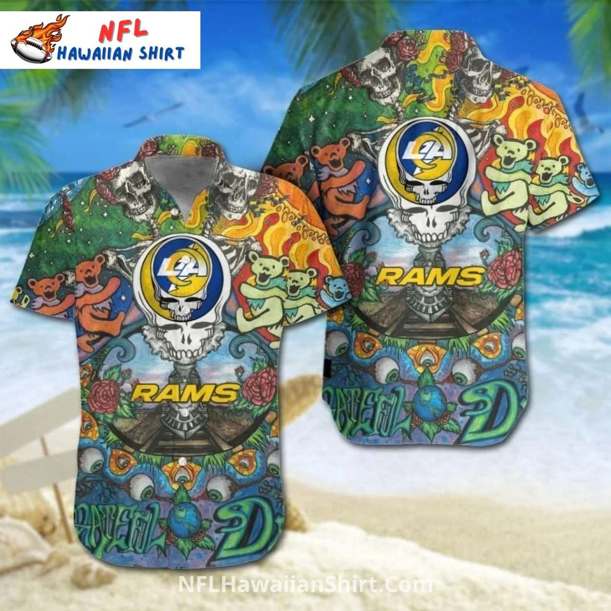 Los Angeles Rams Grateful Dead Bears Psychedelic Aloha Shirt