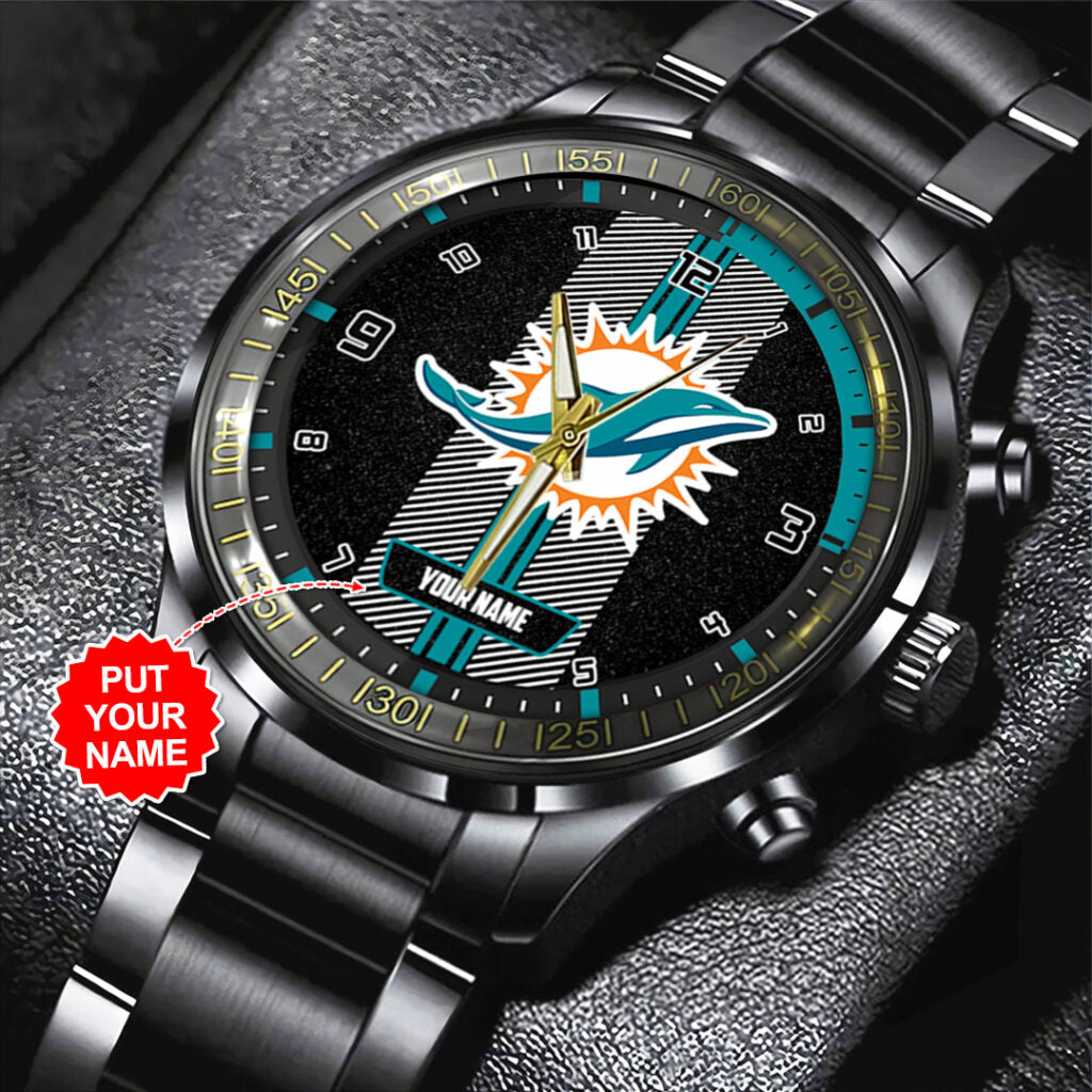 Personalized Miami Dolphins Black Stainless Steel Watch - TANTN16026