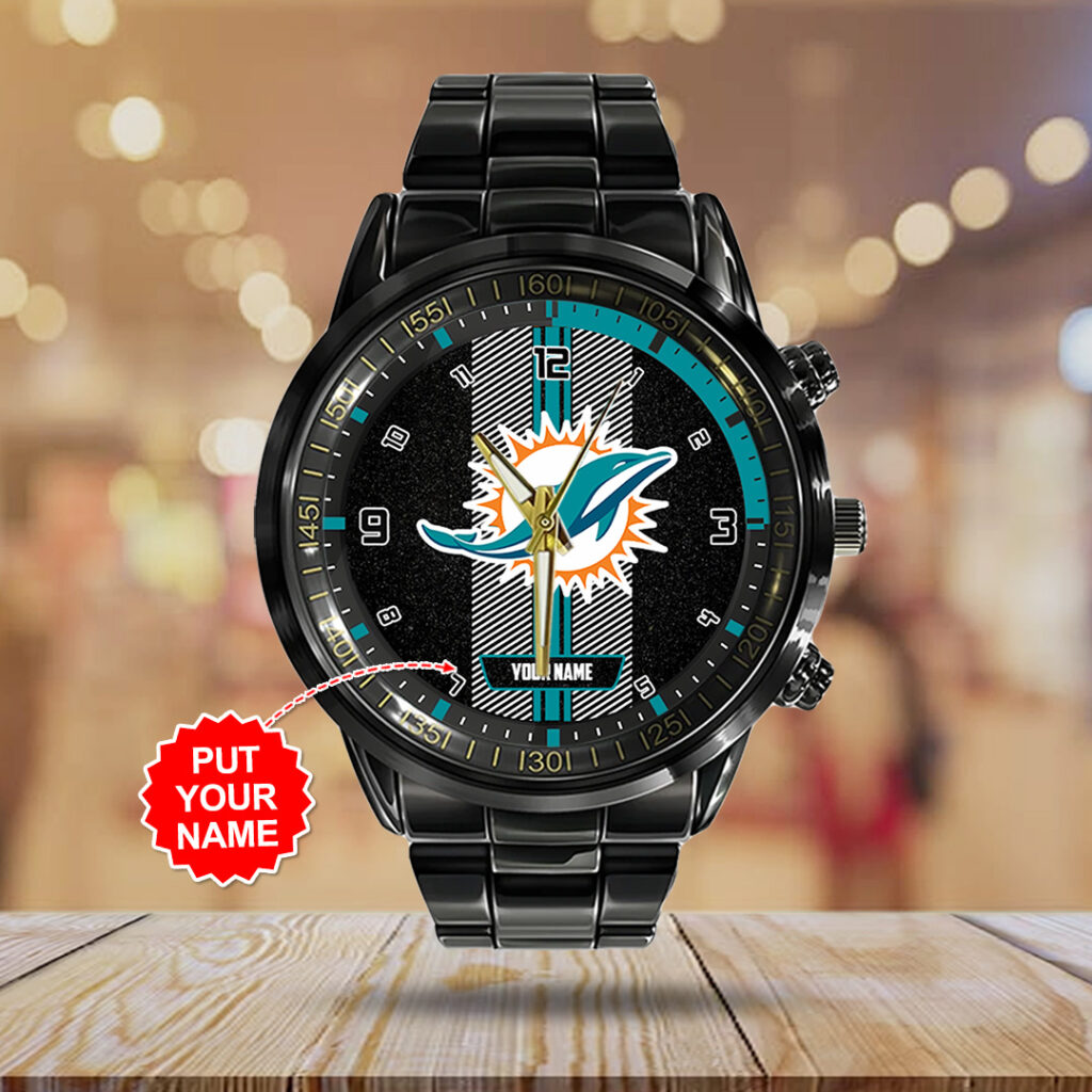 Personalized Miami Dolphins Black Stainless Steel Watch - TANTN16026