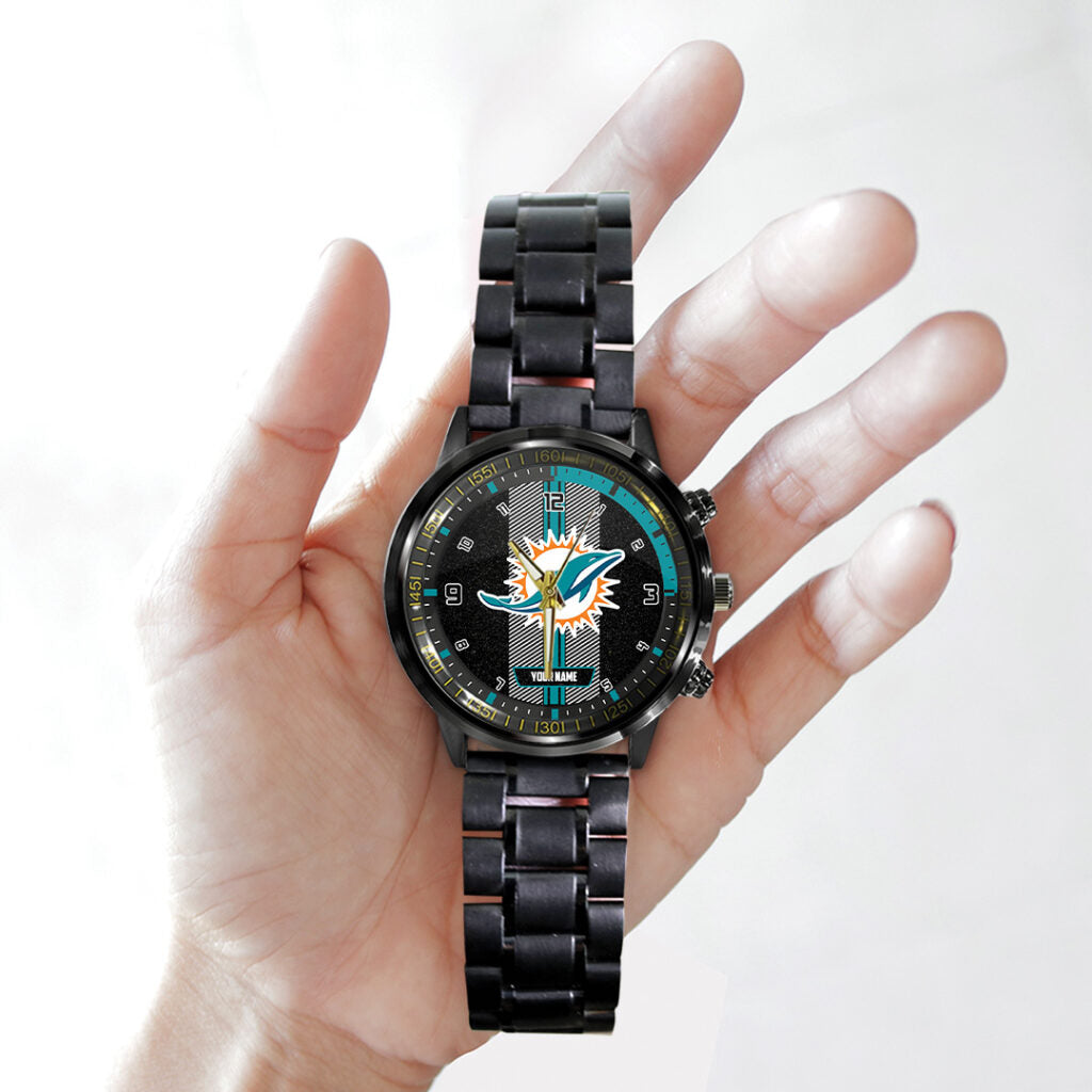 Personalized Miami Dolphins Black Stainless Steel Watch - TANTN16026