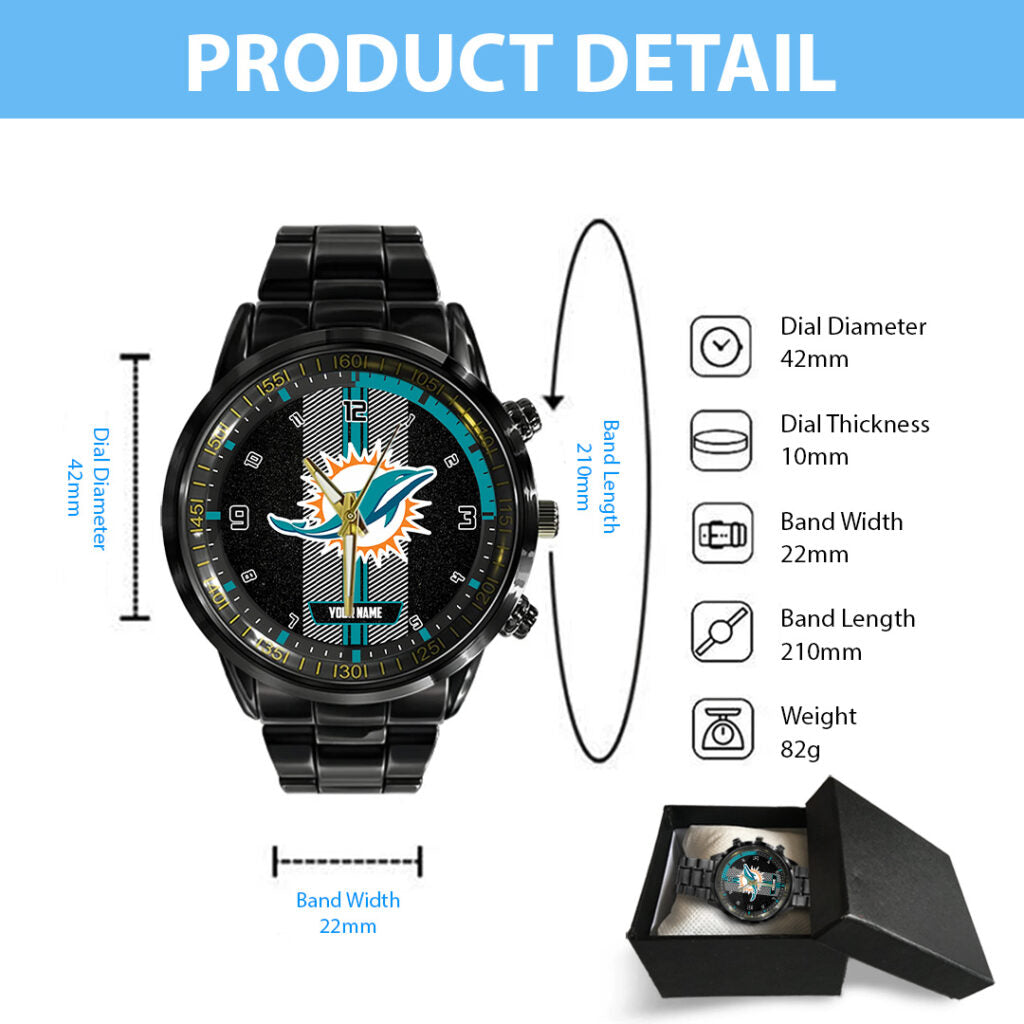 Personalized Miami Dolphins Black Stainless Steel Watch - TANTN16026