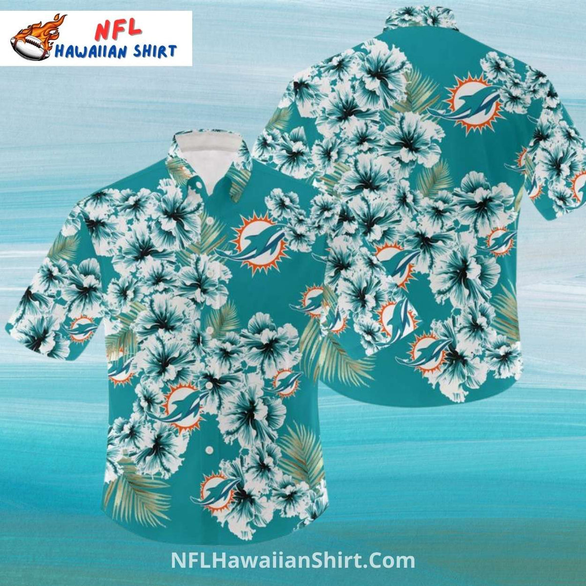 Miami Dolphins Aloha Shirt, Hibiscus And Palm Leaf Theme