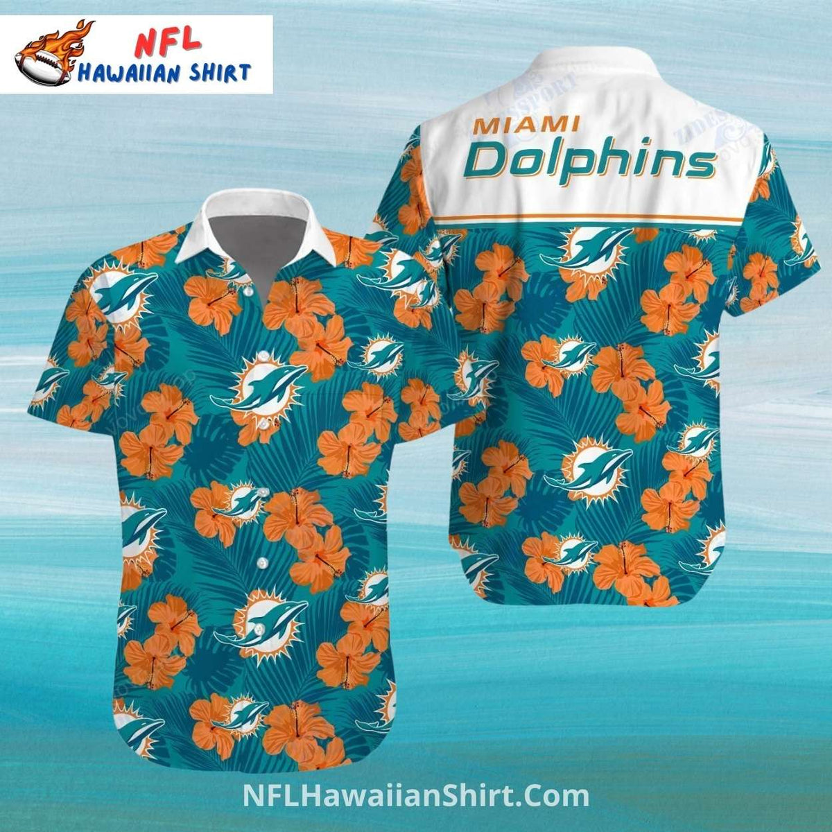 Miami Dolphins Aloha Shirt, Orange Hibiscus And Palm Style