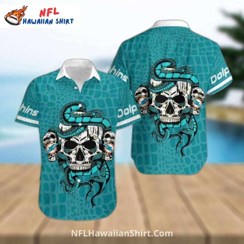 Miami Dolphins Aloha Shirt, Skull And Snake Reptile Design