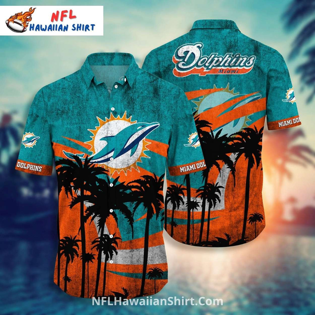 Miami Dolphins Aloha Shirt – Sunset, Palm Trees And Dolphins