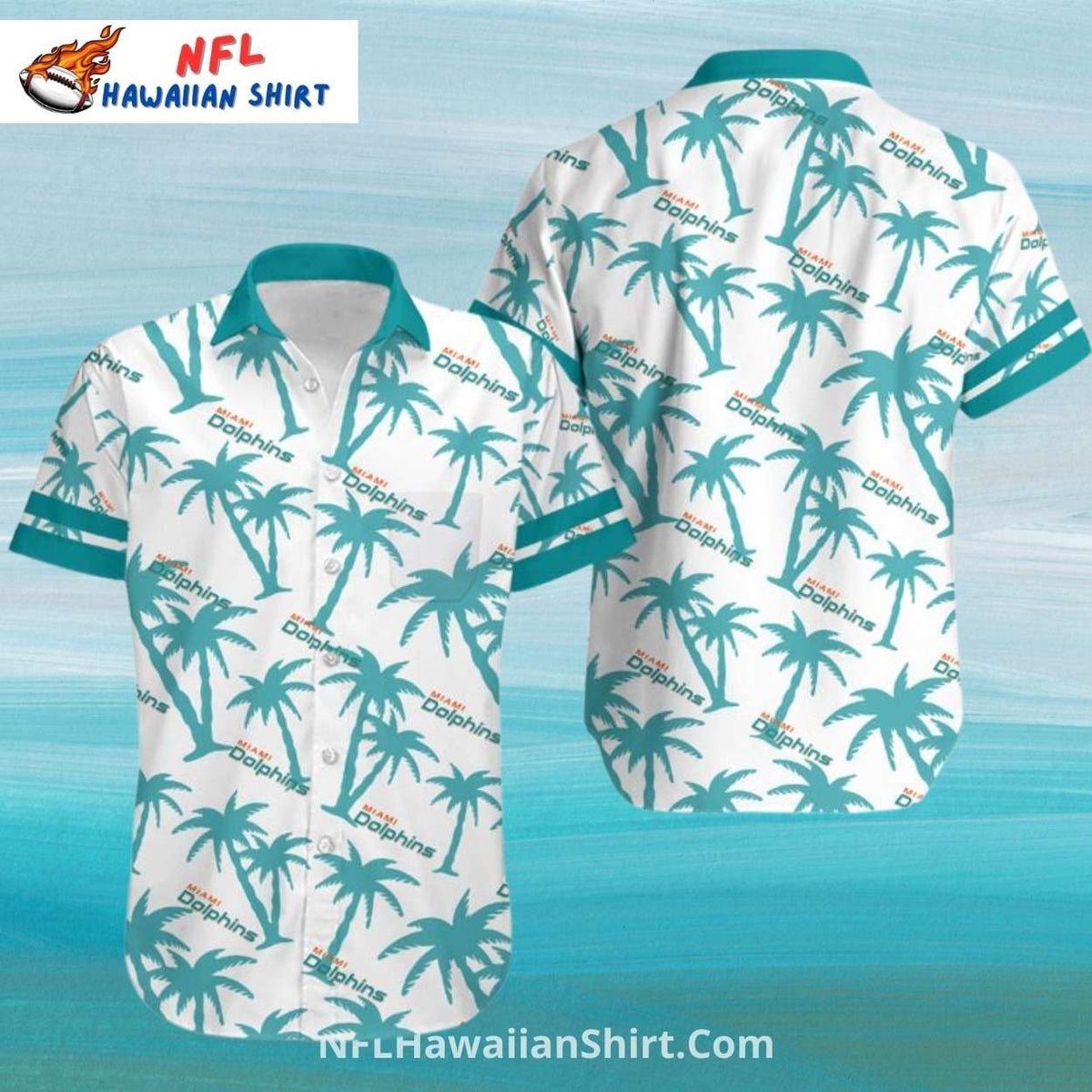Miami Dolphins Aloha Shirt, White Palm Tree Tropical Theme