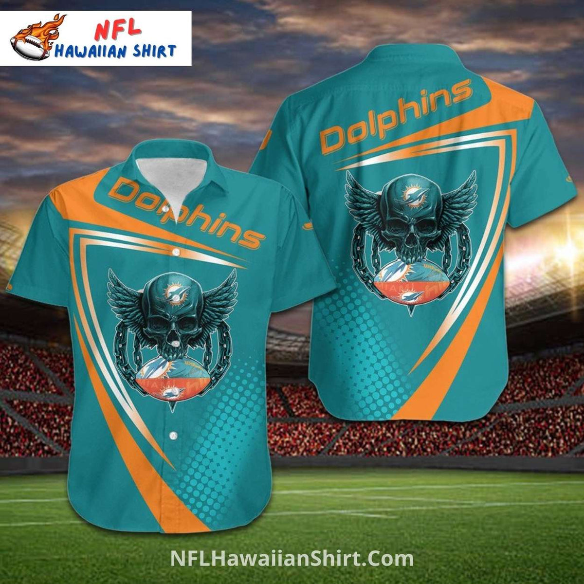 Miami Dolphins Aloha Shirt Winged Skull Football Design
