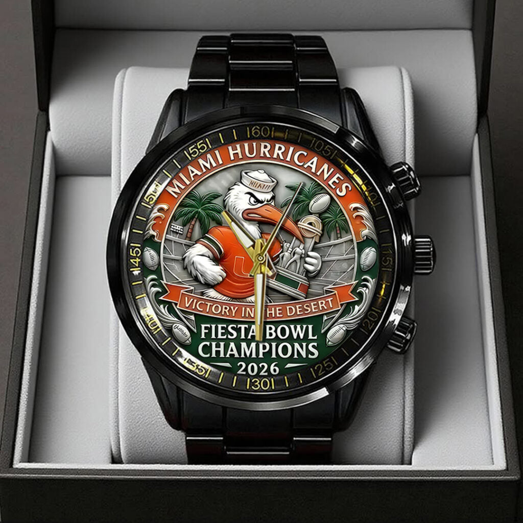 Miami Hurricanes Football 2026 Fiesta Bowl Champions Black Stainless Steel Watch - TANTN20140