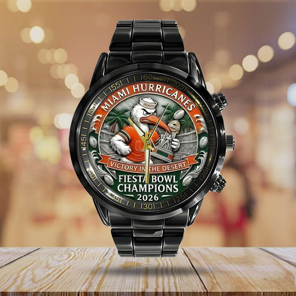 Miami Hurricanes Football 2026 Fiesta Bowl Champions Black Stainless Steel Watch - TANTN20140