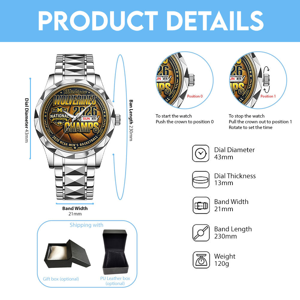 Michigan Wolverines 2026 NCAA Men’s Basketball National Champs Alloy Luxury Quartz Watch - TMTHU5026