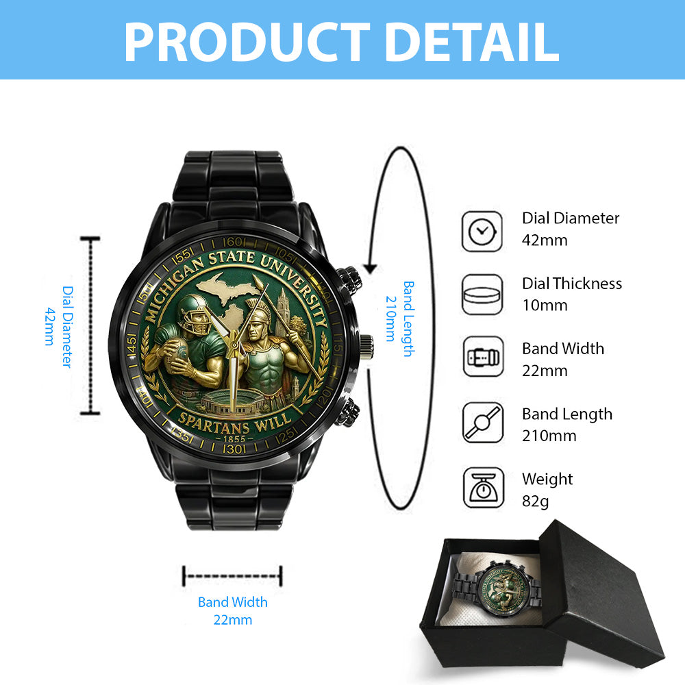 Michigan State Spartans Football Black Stainless Steel Watch - TANTN17942