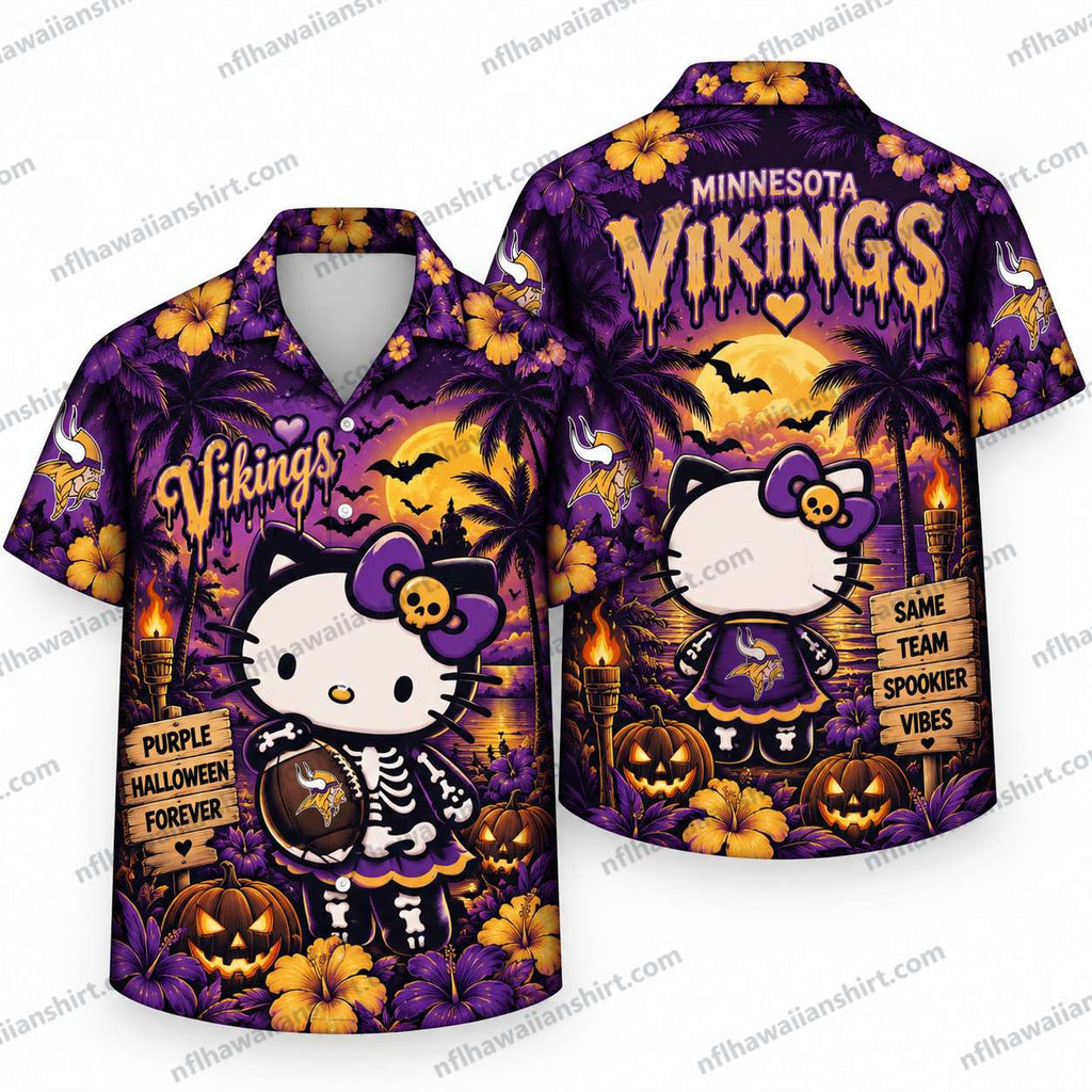 Minnesota Vikings Hello Kitty Skeleton Halloween Hawaiian Shirt