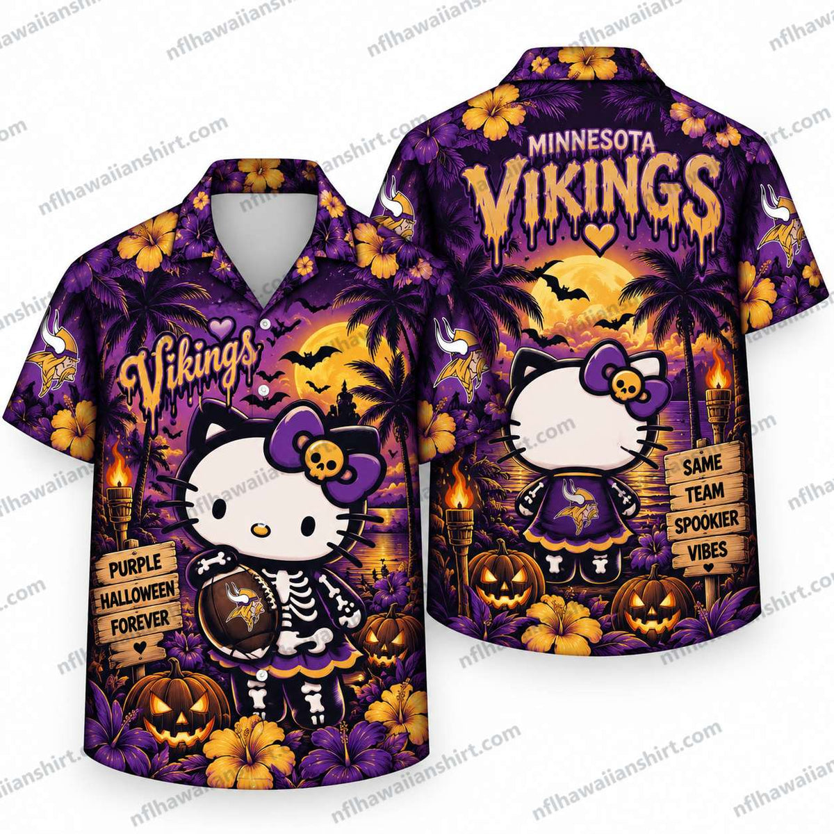 Minnesota Vikings Hello Kitty Skeleton Halloween Hawaiian Shirt