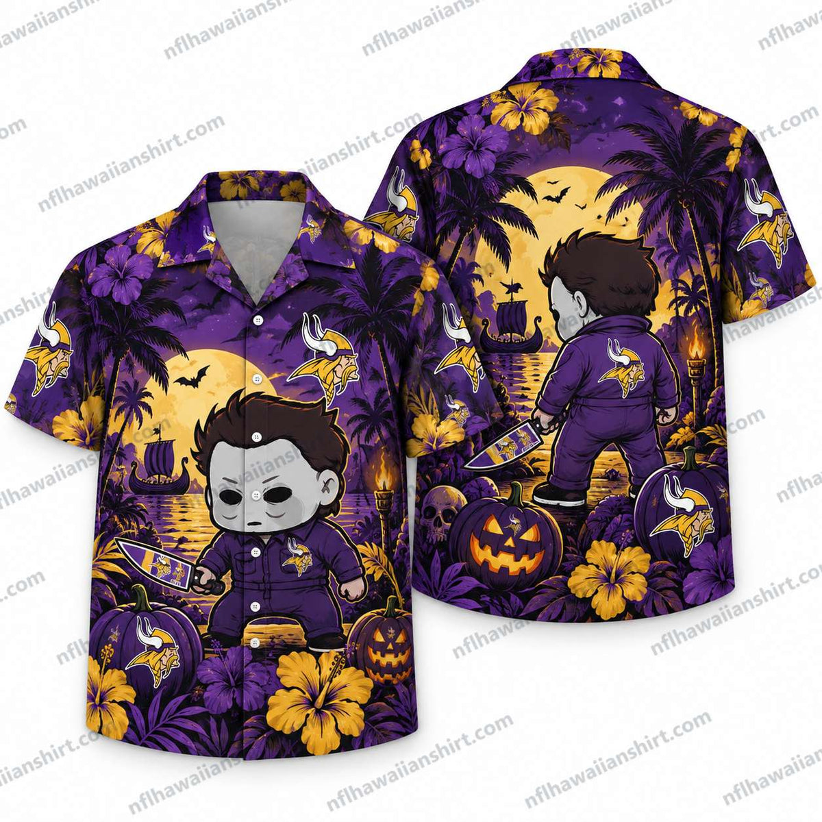 Minnesota Vikings Michael Myers Chibi Halloween Hawaiian Shirt