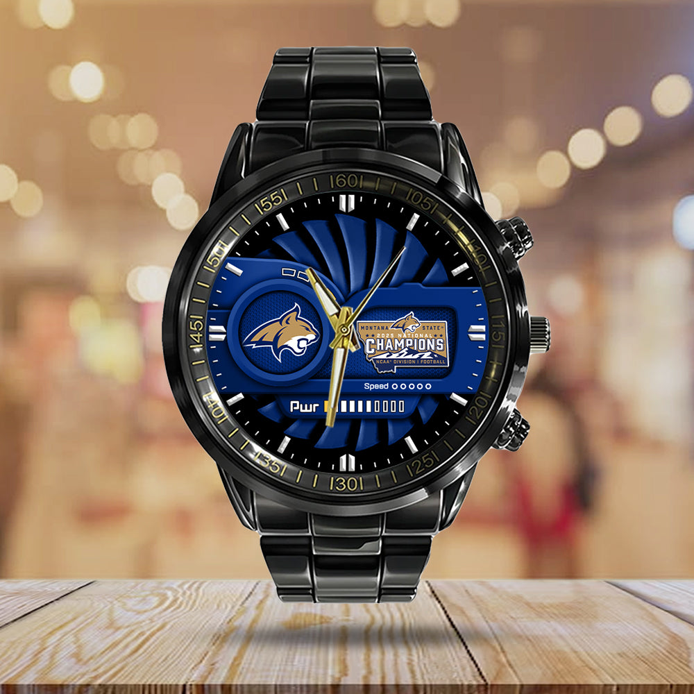 Montana State Bobcats Football 2025 National Champions Black Stainless Steel Watch - MAITM14745