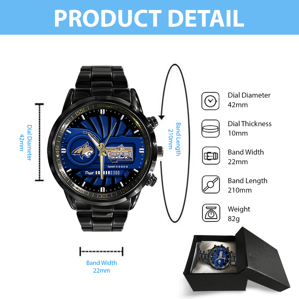 Montana State Bobcats Football 2025 National Champions Black Stainless Steel Watch - MAITM14745
