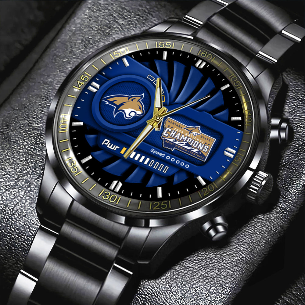 Montana State Bobcats Football 2025 National Champions Black Stainless Steel Watch - MAITM14745