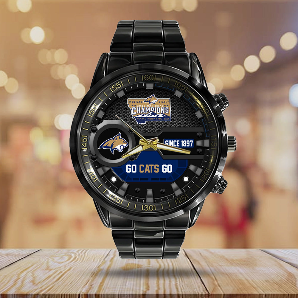 Montana State Bobcats Football 2025 National Champions Black Stainless Steel Watch - MAITM14684