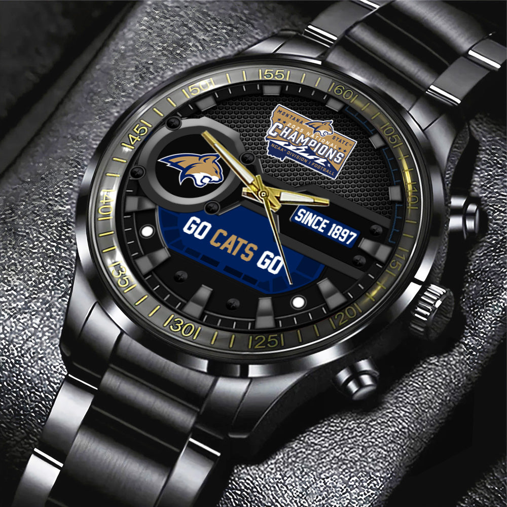 Montana State Bobcats Football 2025 National Champions Black Stainless Steel Watch - MAITM14684