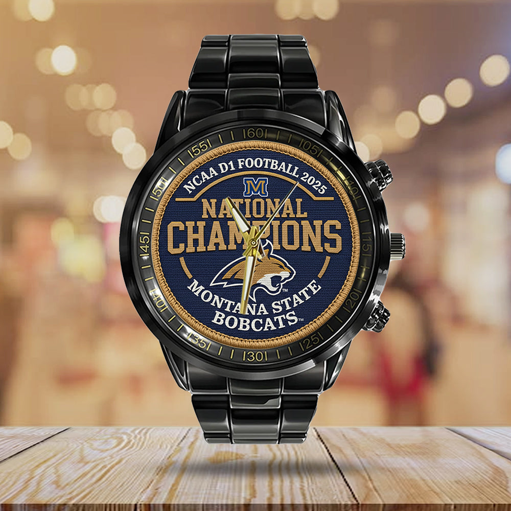 Montana State Bobcats Football 2025 National Champions Black Stainless Steel Watch - MAITM14718