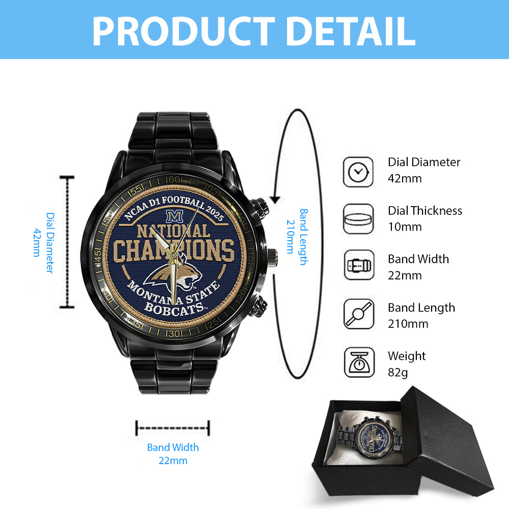 Montana State Bobcats Football 2025 National Champions Black Stainless Steel Watch - MAITM14718