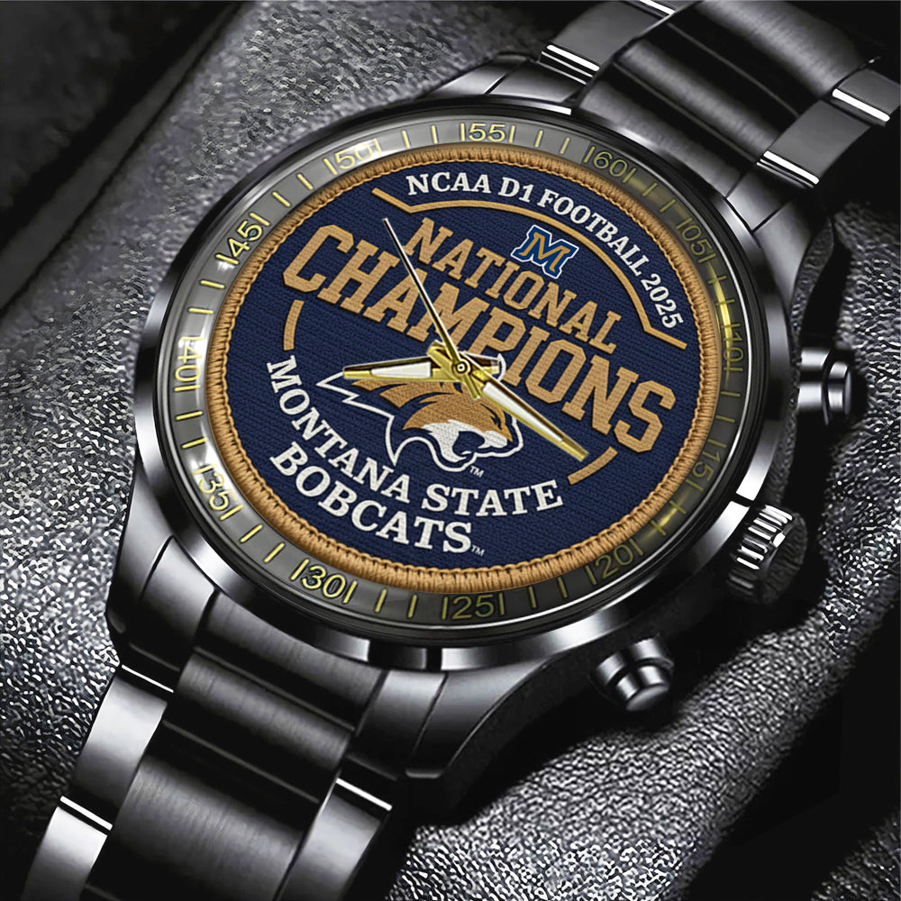 Montana State Bobcats Football 2025 National Champions Black Stainless Steel Watch - MAITM14718