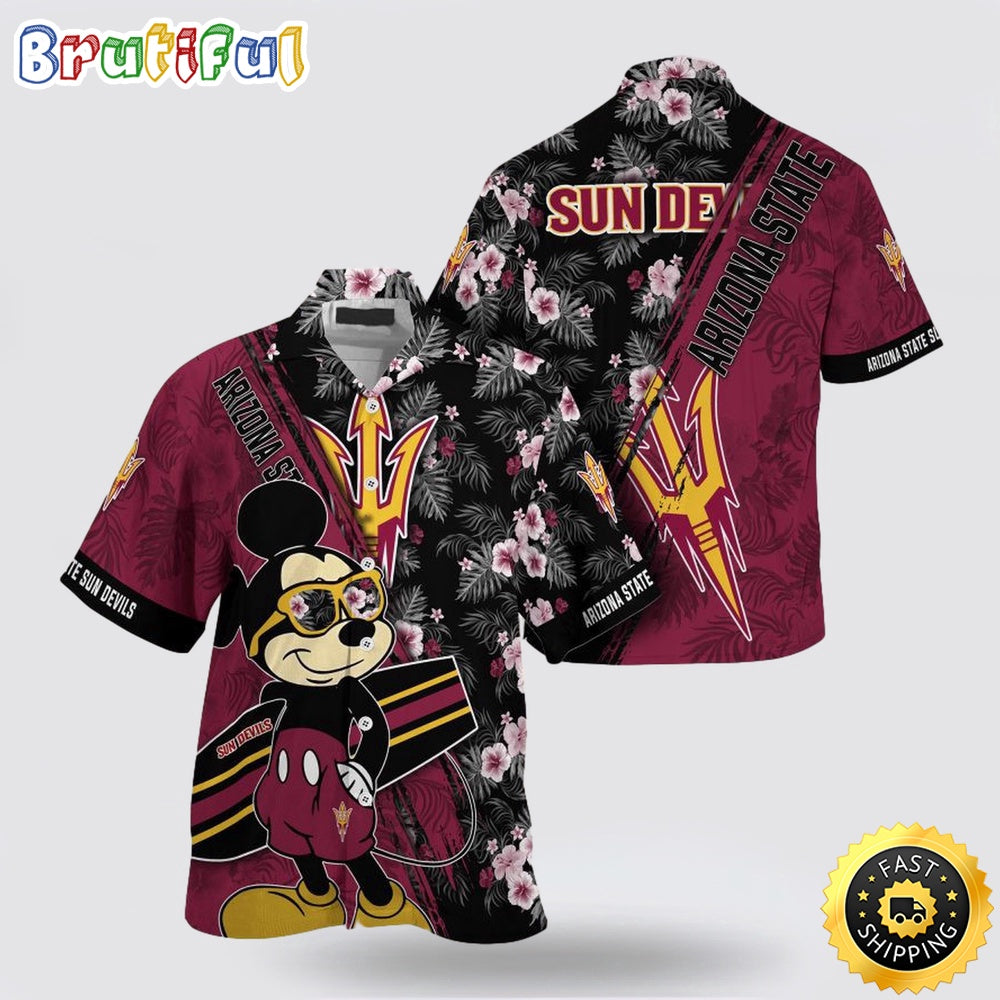 NCAA Arizona State Sun Devils Hawaiian Shirt Mickey And Floral Pattern