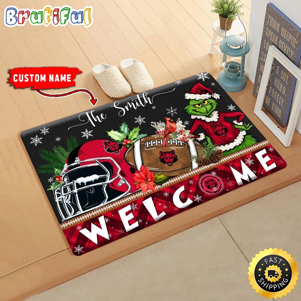 NCAA Arkansas State Red Wolves Doormat Grinch Christmas Welcome Custom Name Football Doormat