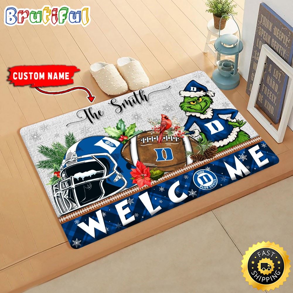 NCAA Duke Blue Devils Doormat Grinch Christmas Welcome Custom Name Football Doormat
